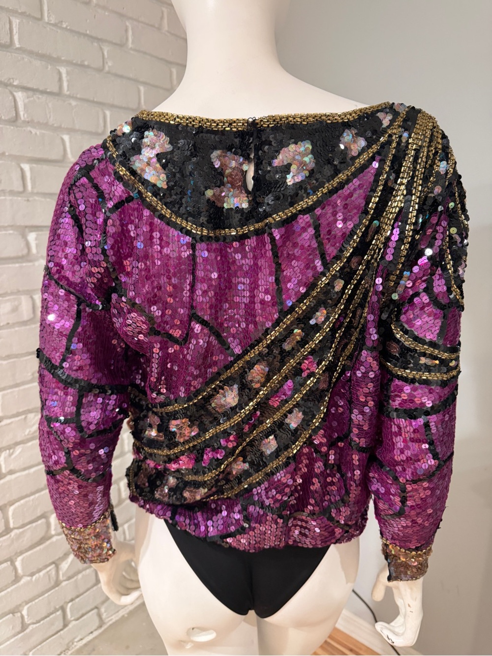 Jack Bryan Vintage Hand-Beaded Sequin Art Deco Top Purple Black Gold Size 6 - Picture 11 of 16